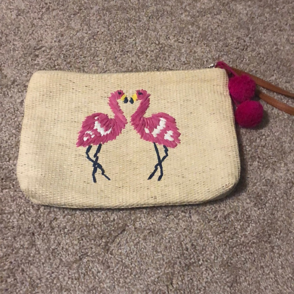 Straw Zip Top Flamingo Clutch Pouch